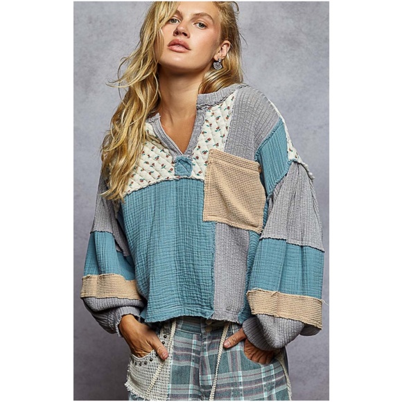 POL Women's Long Sleeve Patchwork Top - Blue, Gray, Tan - Picture 4 of 4